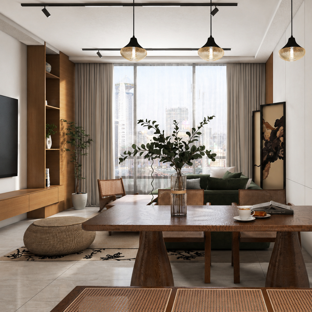 تصميم مساحة معيشة مفتوحة بطابع خشبي دافئ | تراس التصميم للاستشارات الهندسية